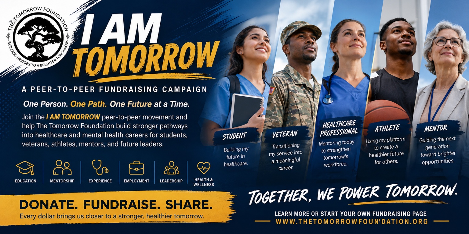 I AM Tomorrow campaign featuring a student, veteran, healthcare professional, athlete, and mentor
